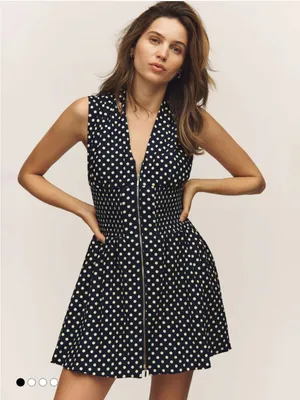 Anthropologie Tommie Cap sleeve Navy and Yellow Polka Dot Zip-Front Mini Dress thumbnail 1
