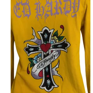 ED HARDY Rare Vintage Y2K Yellow Rhinestone Cross Heart Graphic Zip Up Hoodie XS thumbnail 6