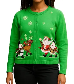 Classic Elements Vintage 90s Christmas Cardigan Green Embellished Holiday Sweater Grandma Core M thumbnail 1