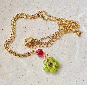 Handmade artisan chunky mini flower glass beads & red Czech glass beads cute fairy cottage chic necklace 💐🩵 thumbnail 6