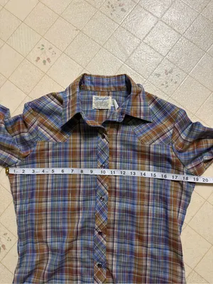 Wrangler 80s Wrangler blue, metallic, brown, and white plaid western shirt thumbnail 8