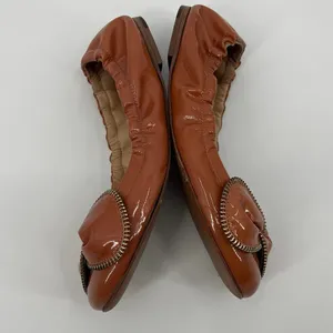 See by Chloe Patent Leather Bow Ballet Flats Sz 6.5 Old Money Euro Zipper Cognac thumbnail 7