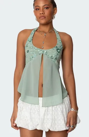 Edikted Sage Green Sequin Halter Tank thumbnail 1