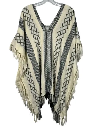 Free People Cream & Gray Nordic Print Fringe Trim Bohemian Poncho Wrap OS Boho thumbnail 1