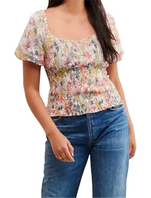 Anthropologie Aurelia Floral Smocked Top Size Medium Petite‎ thumbnail 1
