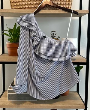 Banana Republic Crisp 100% Cotton Woven Ruffle One Shoulder Blouse Top, M thumbnail 1