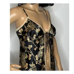 Victoria’s Secret Black Gold Floral Satin Open-Front lace trimTop Slip dress Sp thumbnail 3