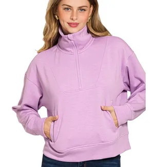 Zenana NEW Lavender Purple Scuba Half Zip Pullover Sweatshirt - S thumbnail 1