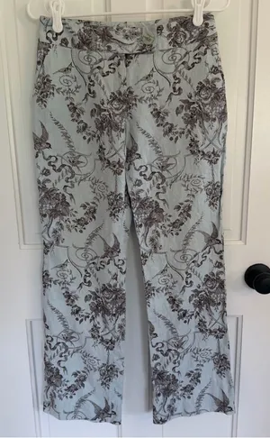 Etcetera Size 2 Blue Brown Toile Bird Floral 100% Linen Straight y2k Pants thumbnail 1