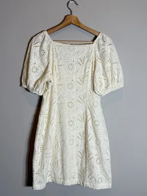 Free People Daniella Eyelet Mini Dress Women's 2 Ivory Puff Sleeve Boho Cotton thumbnail 6