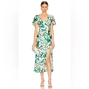 ASTR‎ the Label Velvet Burnout Midi Dress XS Green Floral Open Back Thigh Slit thumbnail 5