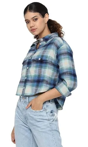 American Eagle Sz L‎ Light Flannel Shirt Cropped Boxy Oversized Plaid Button Up thumbnail 1