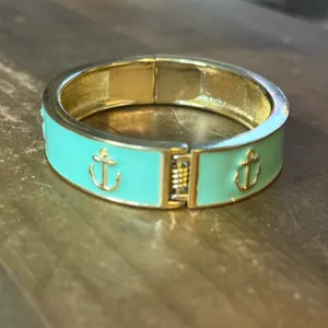 Gold tone turquoise enamel anchor hinged bangle bracelet thumbnail 6