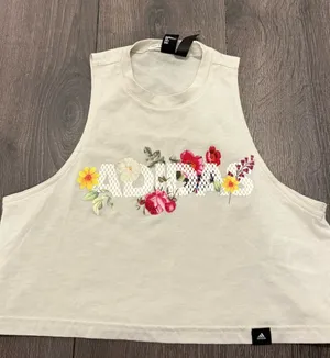 Adidas Women's Cream Floral Logo Cropped Tank thumbnail 1