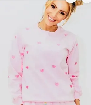Lola +‎ The Boys Heart Sweatshirt Women Large Pink Coquette Embroidered Pullover thumbnail 1