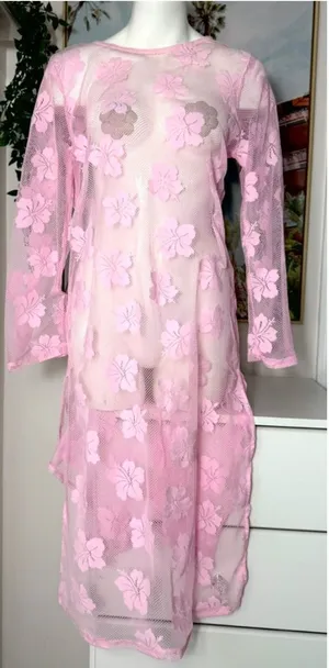 Women's Pink Floral Lace Fishnet Mesh Sheer Long Sleeve Midi Dress Cover Up M/L thumbnail 1