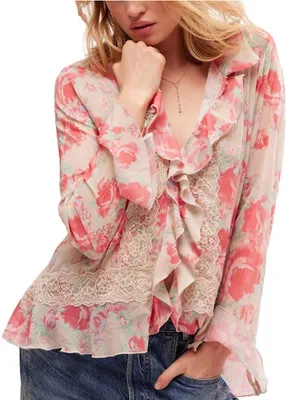 FREE PEOPLE Bad At Love Printed Blouse / Ivory Combo SMALL Floral Cottagecore thumbnail 1
