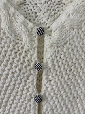 Free People Off White Cable Knit Gingham Button Down Cropped Boho Cardigan S thumbnail 3