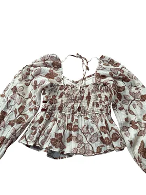 Prómesa Cream Brown Floral Puff Sleeve Babydoll Top Velvet Trim Cottage Renfaire Romance thumbnail 6