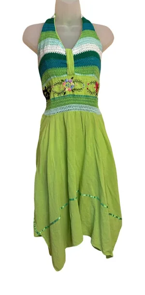 Boho Chic green crochet floral embroider halter cotton dress high low skirt sz S thumbnail 1
