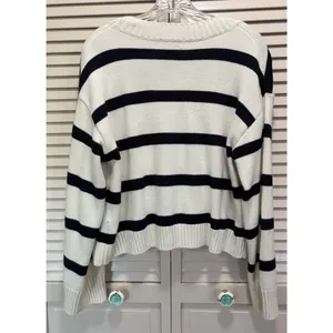 H&M Button Up Striped Oversized Knit Cardigan Size M Long‎ Sleeve Blk/Cream thumbnail 4