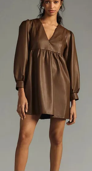 Anthropologie Deep-V Faux Leather Babydoll Dress Size XL thumbnail 1