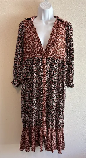 Zara Floral Print Patchwork Boho Maxi Shirt Dress Balloon Sleeves‎ Size S thumbnail 1