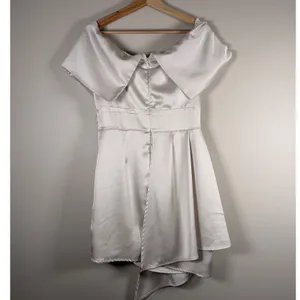 Lulus Champagne Satin Off Shoulder Wrap Ruched Waist Asymmetrical Hem Dress M‎ thumbnail 4