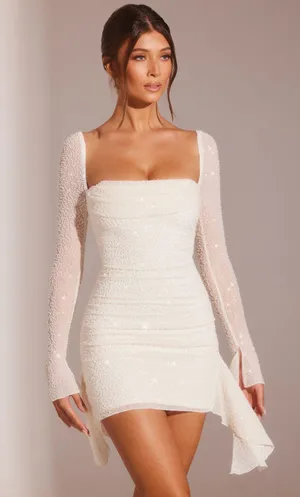 Oh Polly TIVOLI Long Sleeve Embellished Cowl Neck Mini Dress in White thumbnail 1