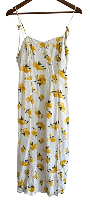 Kirious Lemon Print Linen Blend Midi Dress Yellow White Citrus Vacation Resort thumbnail 1