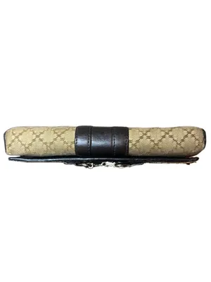 GUCCI Horsebit Diamante Brown Leather and Beige Canvas Bifold Wallet WOC thumbnail 3