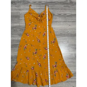 re:named Mustard Yellow Midi Dress Size M Floral Ruffle Sweetheart Keyhole Tie thumbnail 9
