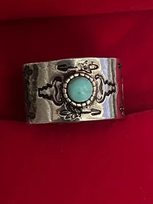 Boho/Vintage Design Stainless Steel Silver Faux Turquoise Wide Band Size 7 NWT thumbnail 2