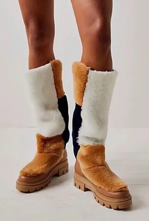Free People Happy Thoughts Shearling Real Fur‎ Patchwork Knee High Boots Tan 6.5 thumbnail 1