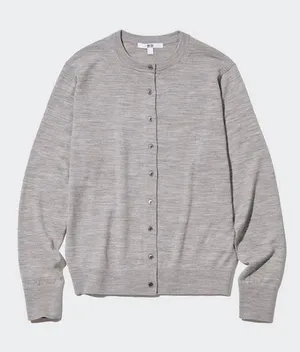Uniqlo 100% wool cardigan sweater button up heathered gray greige neutral thumbnail 1