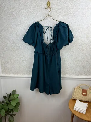 Pilcro by Anthropologie Teal Green Puff-Sleeve 3" Babydoll Romper - Size - XL thumbnail 4