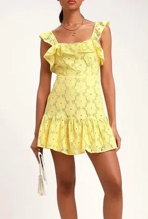 Lulus Yellow Ruffled Eyelet Lace Sleeveless Dress thumbnail 1