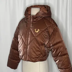 NWT!! TRUE RELIGION High-Shine Metallic Hooded Puffer Jacket Bronze Large thumbnail 8