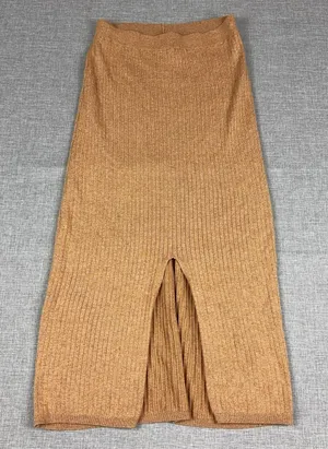 Free People Skirt Womens Medium Brown Ribbed Knit Midi Pencil Elastic Waist Slit thumbnail 1