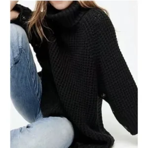 J.Crew Black Turtleneck Button Chunky Knit Poncho Sweater XS Roll‎ Neck Cotton thumbnail 14