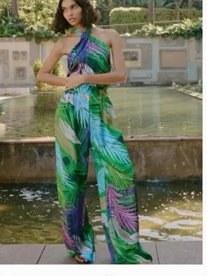 ZARA NWOT Tropical Leaf-print Halter Wide-leg Jumpsuit Green XS thumbnail 2