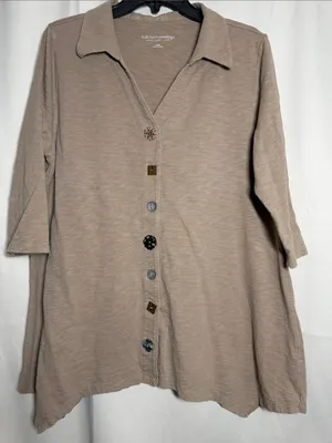 Soft Surroundings Danielle Button Tunic 3/4 Sleeve Cotton Desert Stone Size L thumbnail 1