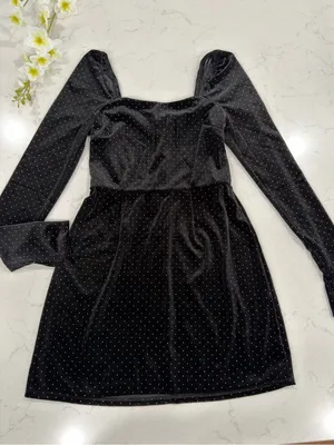 miami Black Velvet Long Sleeve Mini Dress with Silver Dot Detail thumbnail 1