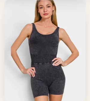 Zenana Outfitters Washed Black Cross Back Romper S/M thumbnail 3