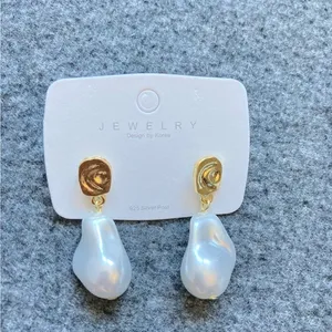 Irregular Pearl Drop Earrings with‎ Gold Stud | 925 Silver Post | Baroque Style thumbnail 5