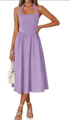 ZESICA Blue Halter‎ Midi Dress Pockets Smocked Back Cottagecore Size Medium thumbnail 1