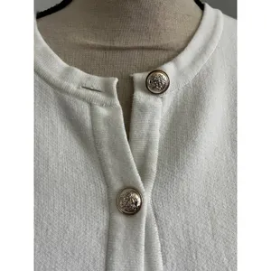 White Cotton Cardigan Sweater Small Gold Crest Button Preppy Old Money Office thumbnail 3