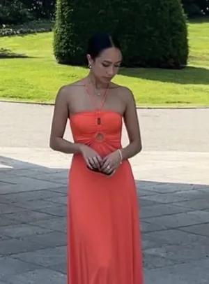 Sincerely Jules Bright Orange Halter Flowy Slinky midi dress thumbnail 1