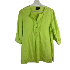 Rafaella Size S Linen Tunic Top Shirt Roll Tab Sleeve Neon Green Button Front thumbnail 2