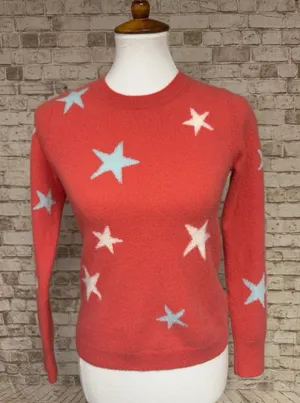 CYNTHIA ROWLEY 100% 2- PLY CASHMERE Sweater Coral Red Stars Embellished Sz‎ M thumbnail 1